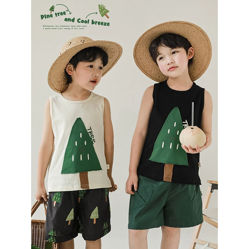 【繁茂森林】幼悠儿童卡通背心贴布印花小树夏季男童无袖背心 N3400