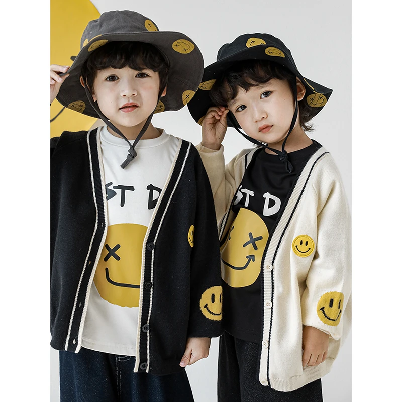 幼悠 男童撞色开衫宝宝春秋时尚针织开衫儿童笑脸提花毛衣潮N2079