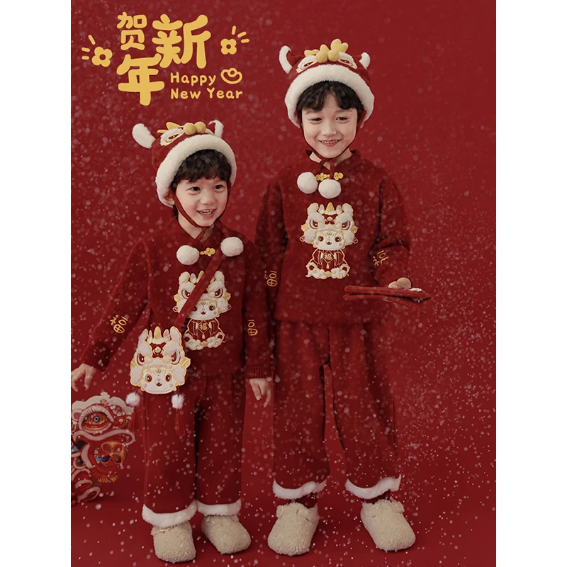 幼悠男童神龙福字刺绣中国风毛衣新年装冬季儿童针织衫年服ZN0003