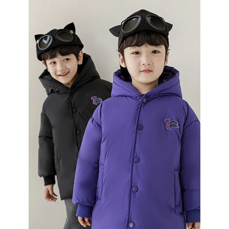 幼悠 儿童恐龙绣花连帽羽绒服冬季男童洋气防风保暖外套 淸 N3053