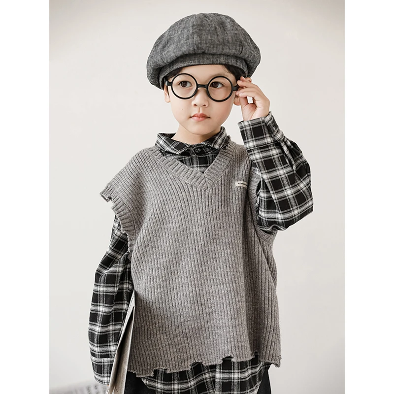 【幼悠】N2959 幼悠 儿童贴标V领毛衣马甲男童冬破碎毛边针织背心