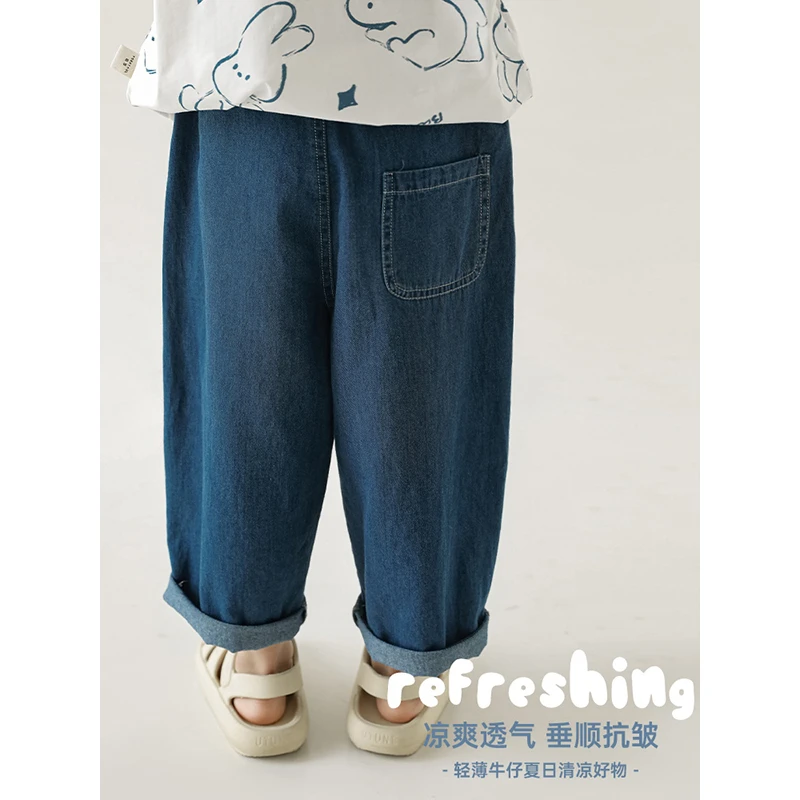 幼悠儿童夏季百搭休闲轻薄翻盖口袋立体贴袋砂洗九分牛仔裤 N3762
