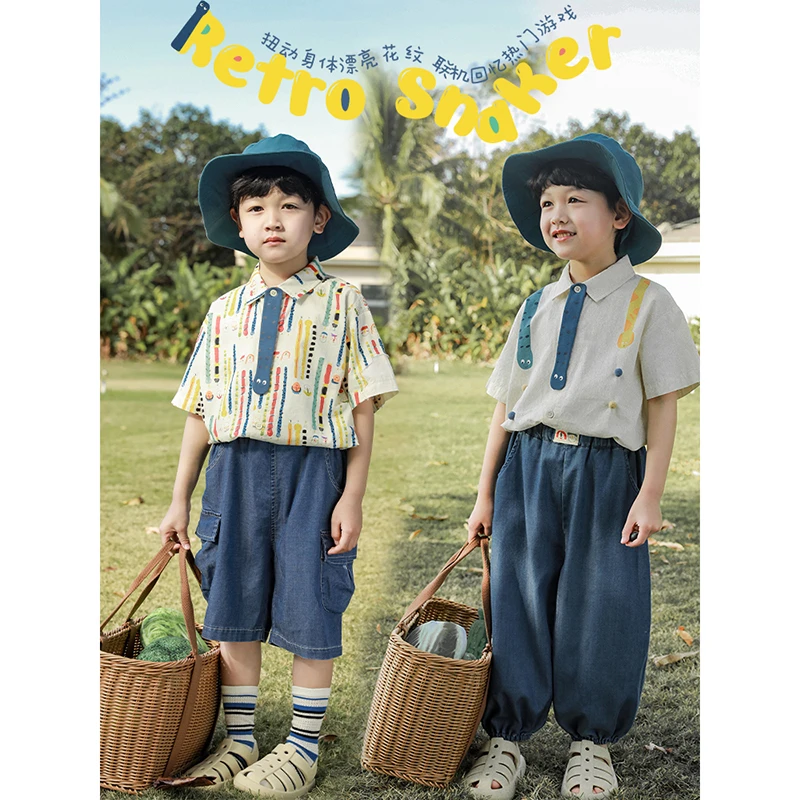 【夏一波】幼悠男童短袖趣味衬衫儿童贪吃蛇印花衬衣 N3496 N3500