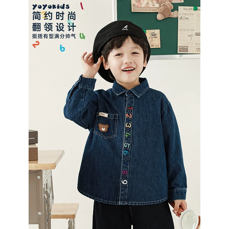 幼悠男童时尚帅气翻领牛仔衬衫外套贴布口袋刺绣春秋衬衣潮N3186