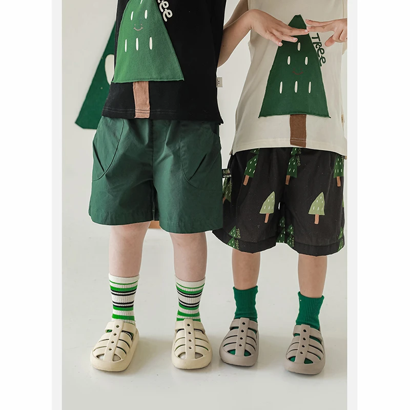 幼悠【繁茂森林】儿童短裤印花小树男童夏季绿色休闲裤 N3693 N3695