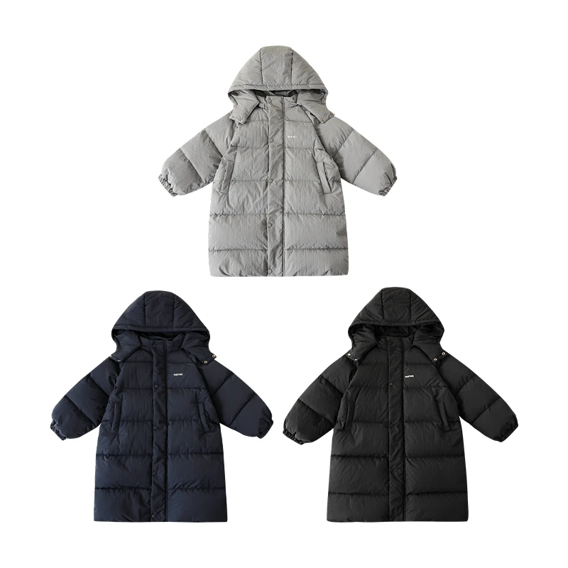 【幼悠】男童冬三波压胶字母双头拉链可拆连帽长款羽绒服 淸 N3508