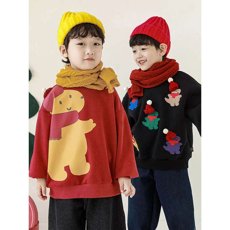 【幼悠】儿童立体帽水印小恐龙一体绒温暖卫衣男宝宝保暖衣服 N3036
