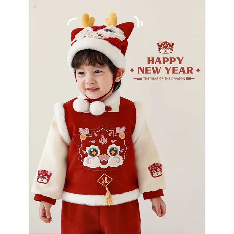 幼悠冬季新款男童套装加绒加厚过年服喜庆新年装儿童休闲中国风潮