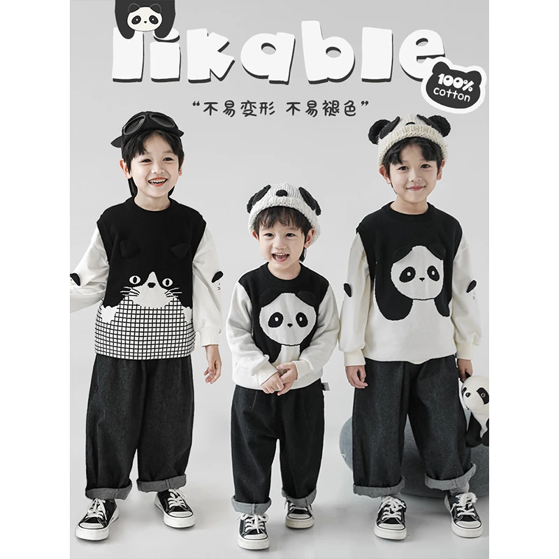 幼悠秋季儿童萌宠圆筒提花立体耳朵毛衣马甲秋季新款儿童针织衫潮