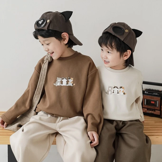 幼悠【猫咪家族】男童秋季卡通可爱休闲宽松百搭打底长袖T恤潮N4115