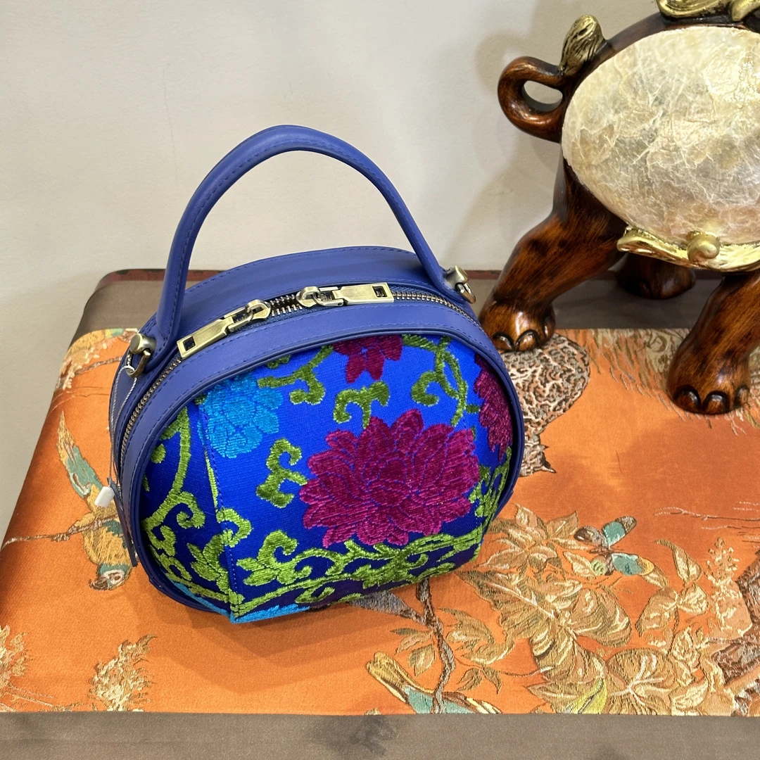 「利琪高订」国风新中式时尚百搭漳绒牛皮蓝色小手提包包C602