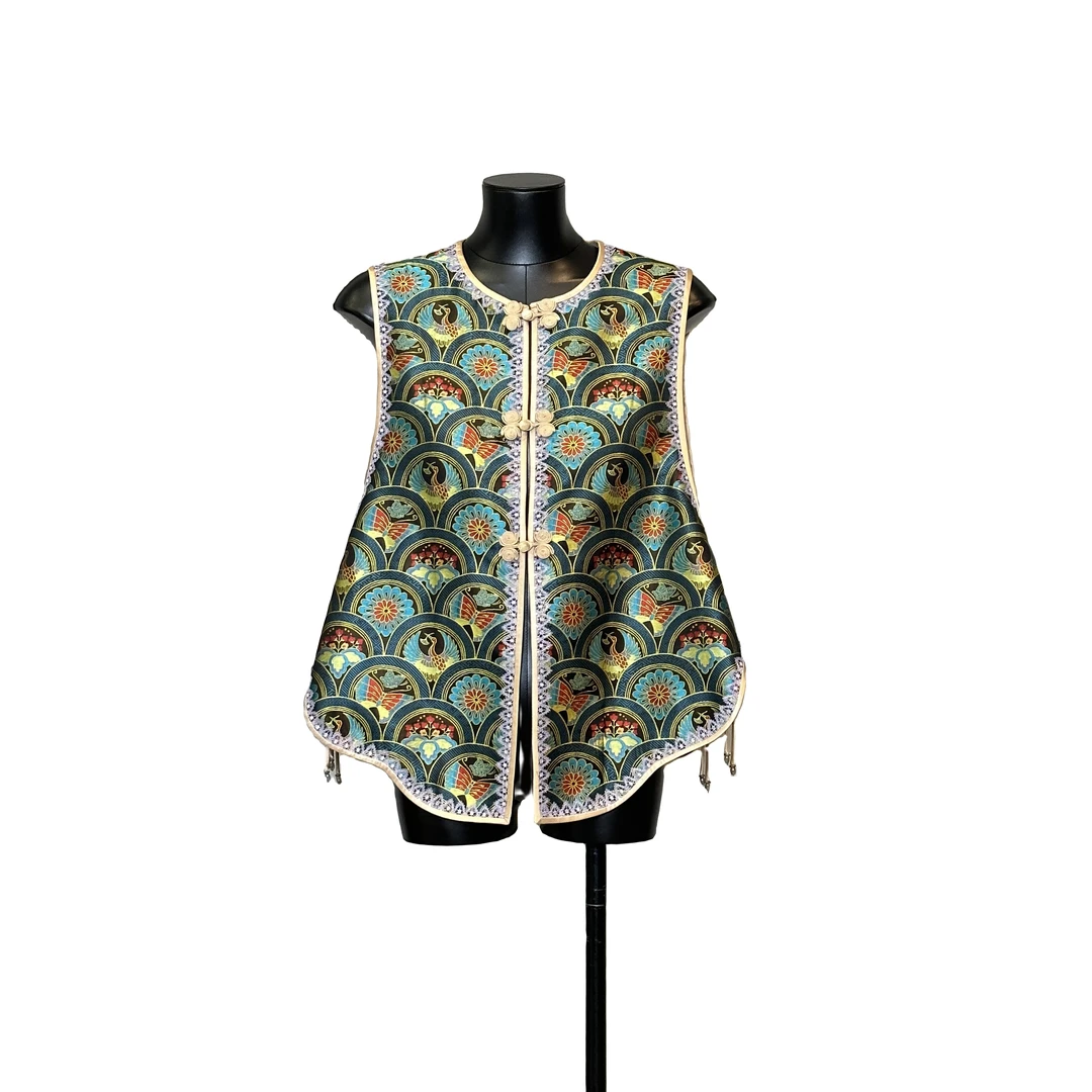 利琪高订【孔雀】国风春季新款休闲气质时尚盘扣重磅圆领马甲A4887