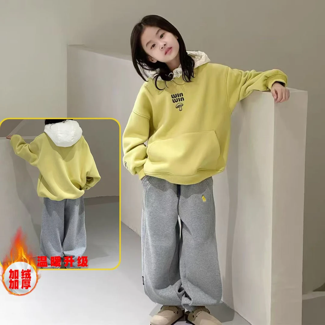 05男女童2024冬季新款韩版洋气儿童国潮运动加绒卫衣休闲加绒卫裤
