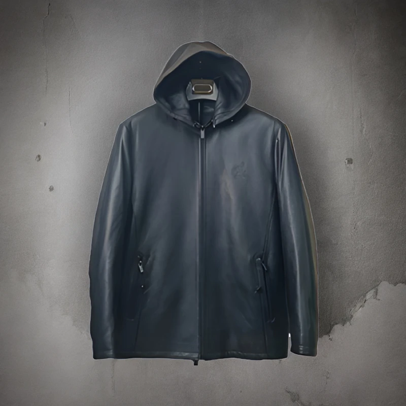 男士时尚休闲加绒连帽真皮皮衣