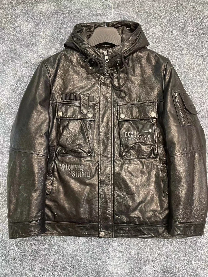 男士时尚黑色休闲连帽加绒牛皮皮衣