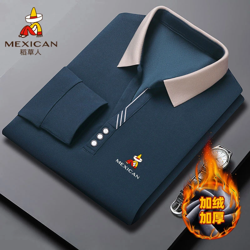 Mexican/稻草人休闲POLO衫男士长袖翻领秋冬季商务宽松t恤上衣男