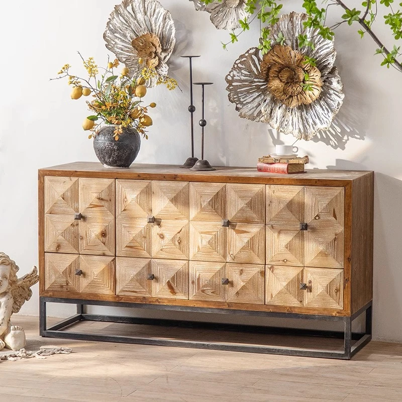 美式复古实木餐边柜入户原木色玄关柜客厅侘寂风边柜茶水柜置物柜