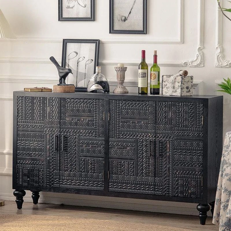 侘寂风实木雕花餐边柜民宿入户玄关复古客厅靠墙装饰收纳储物柜子