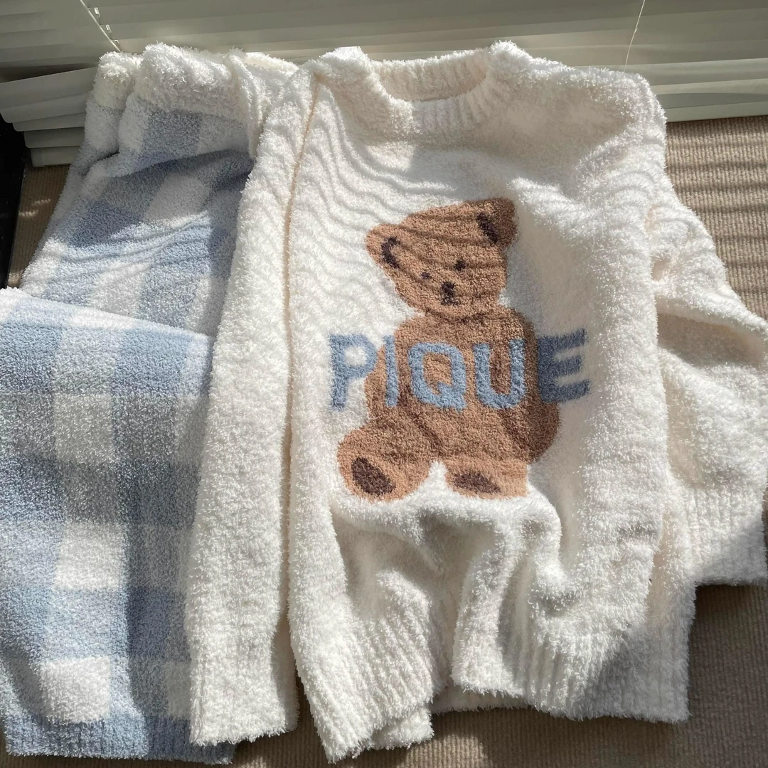 韩版可爱小熊毛绒针织睡衣女冬季加绒加厚半边绒家居服套装可外穿