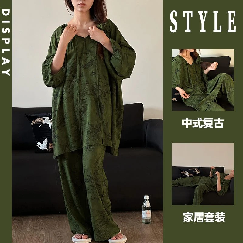 新中式国风绵绸睡衣女款2024新款秋季蝴蝶印花中袖长裤家居服套装
