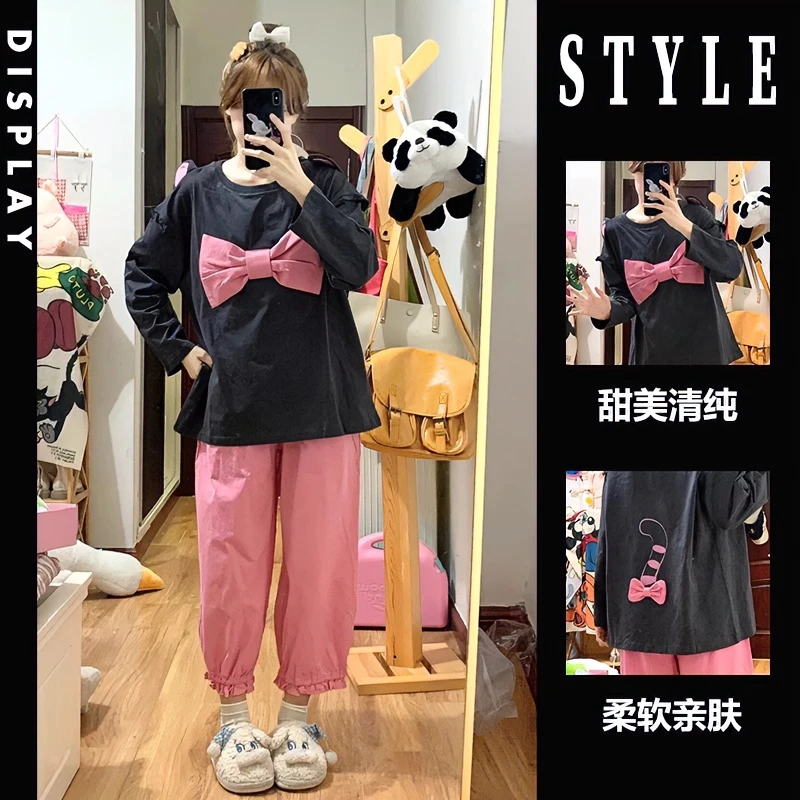 少女可爱蝴蝶结长袖睡衣女春秋款甜美猫尾印花家居服长裤大码套装