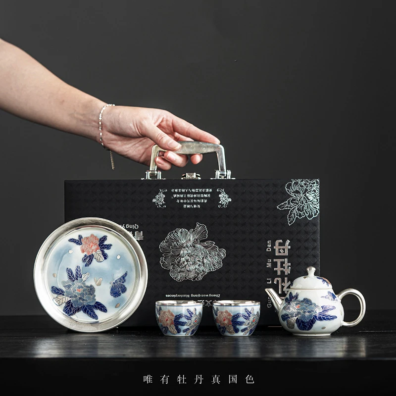 郑文强老师作品国礼牡丹青银器家用功夫茶具一壶二杯礼盒装