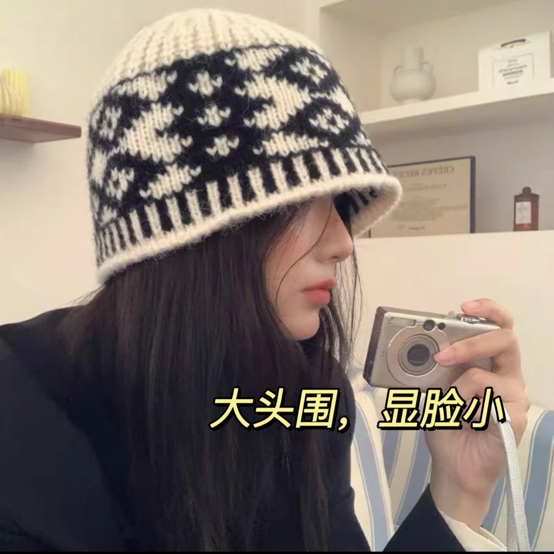 复古菱格针织冷帽女秋冬季韩版显脸小大头围毛线帽保暖防寒帽子