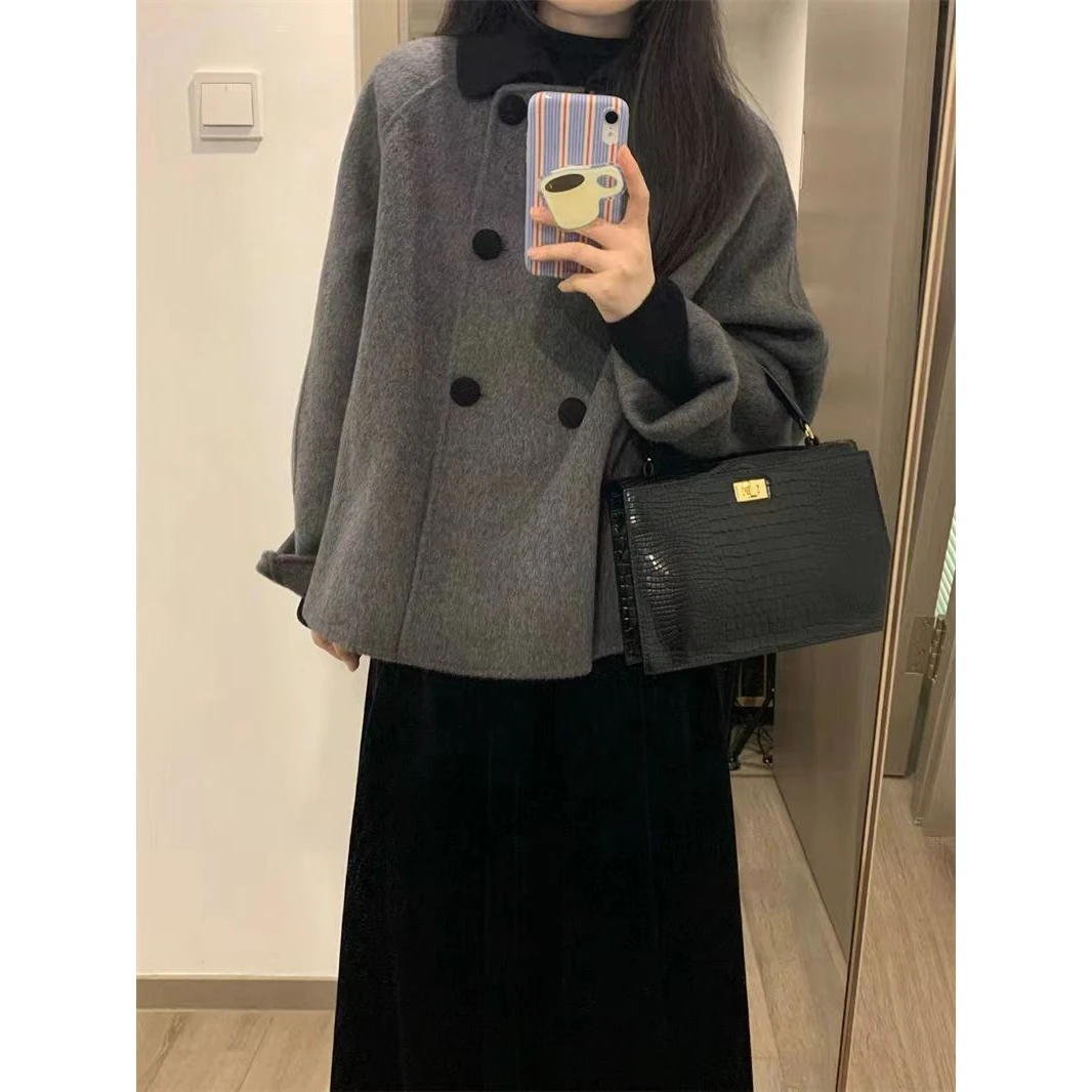 高级感灰色毛呢外套女冬季2023新款韩系小个子短款赫本风呢子大衣