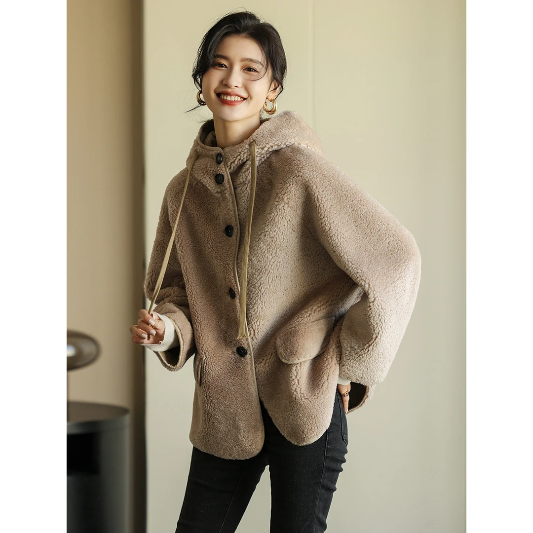 简约连帽时尚百搭100%羊毛羊剪绒大衣复合皮毛一体颗粒外套女