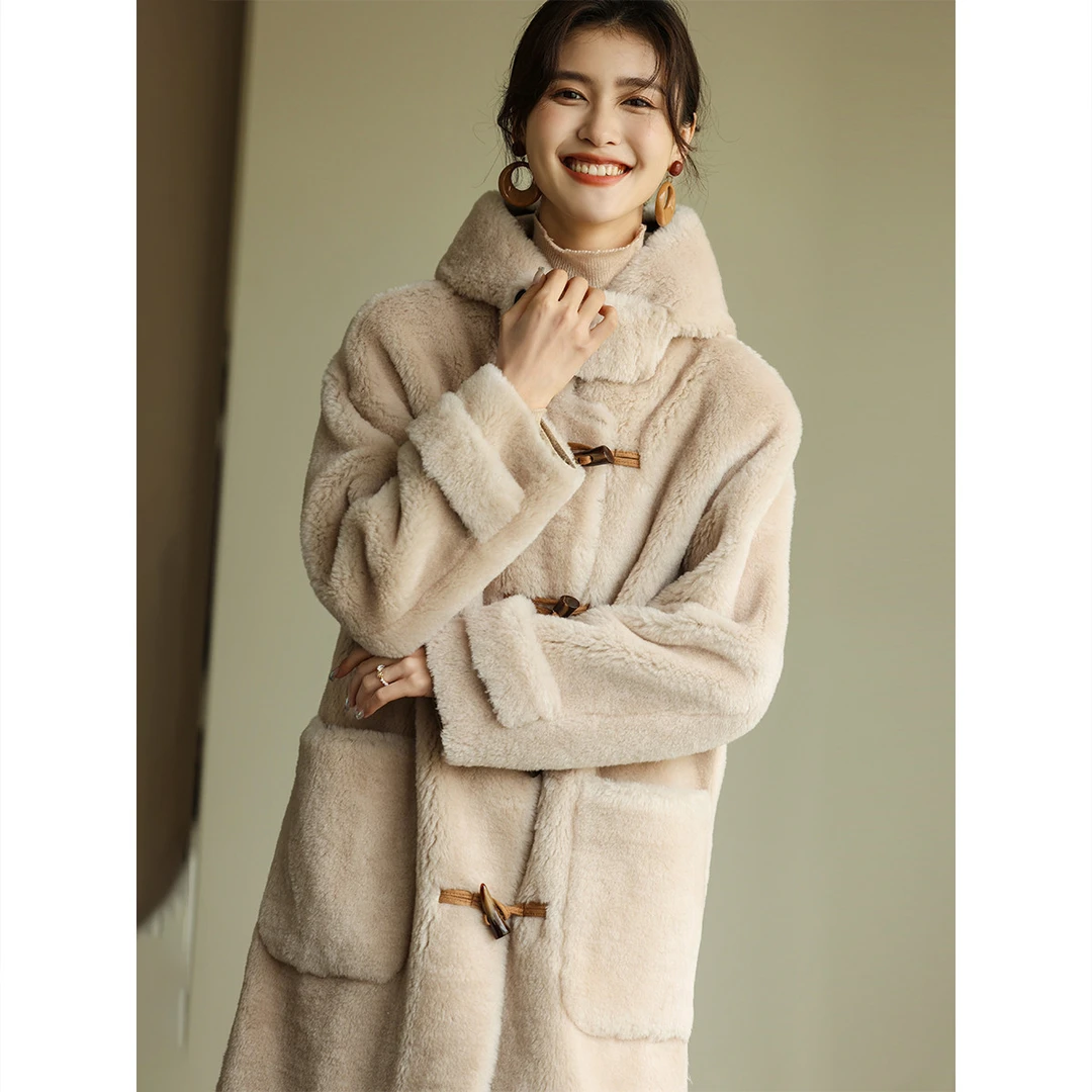 羊毛外套女连帽复合皮毛一体100%羊毛绒颗粒草草大衣廓形大衣时尚