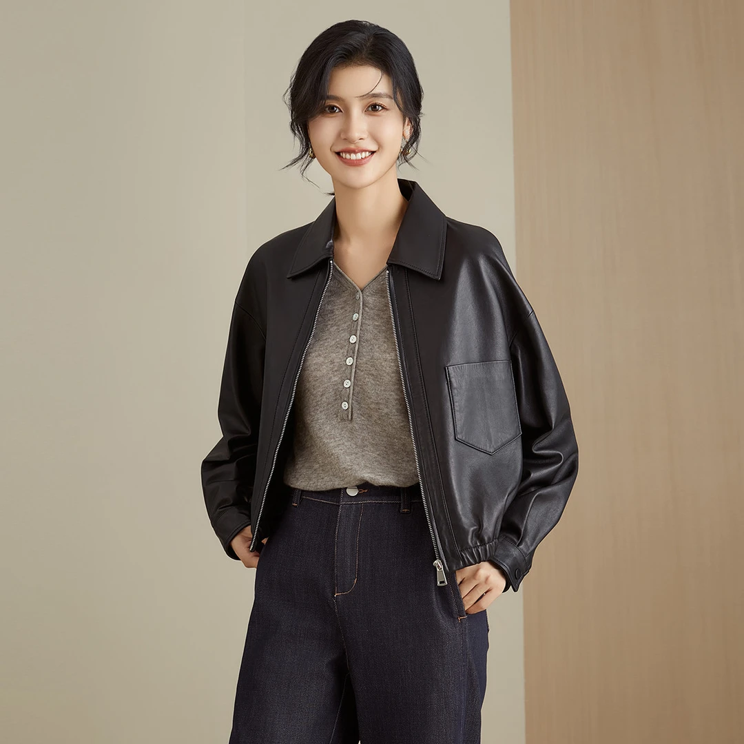 一米阳光皮衣外套新款女真皮短款皮衣秋冬时尚机车夹克机车服