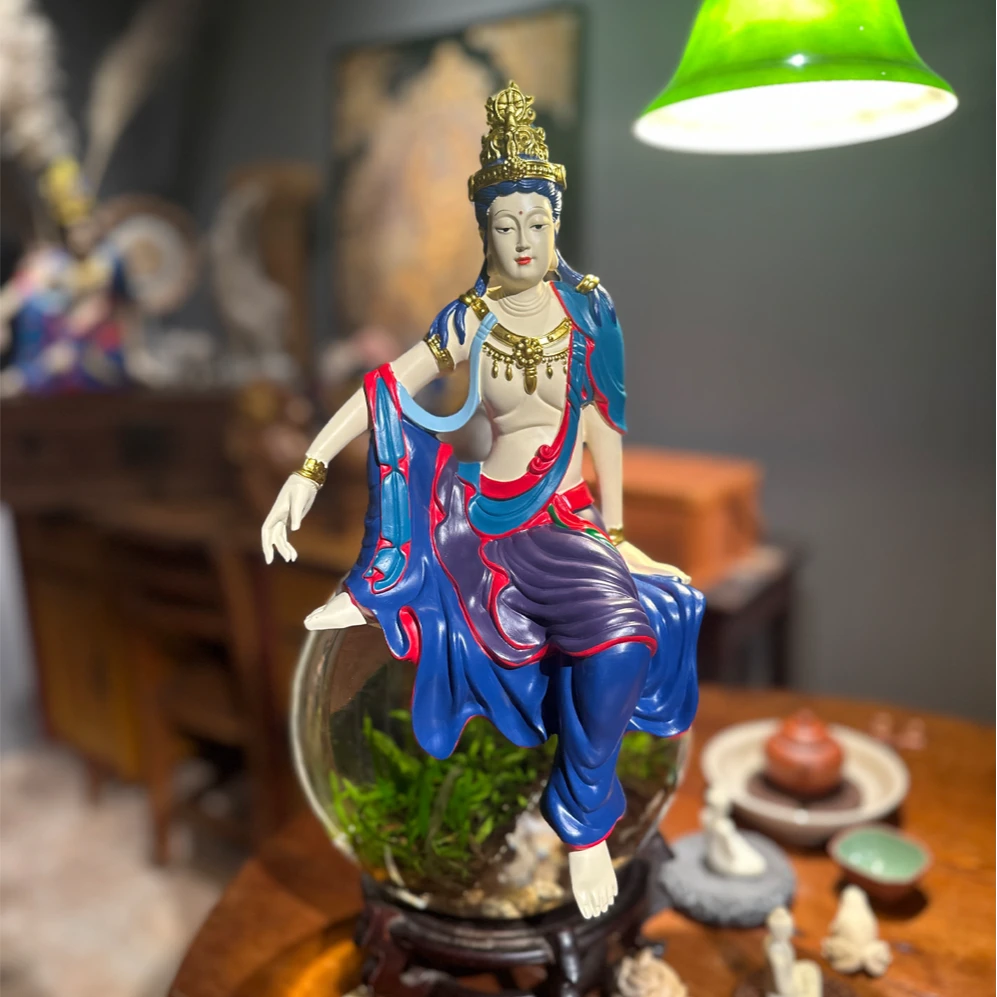 新中式水月自在观音菩萨佛像客厅玄关桌茶室古法鱼缸装饰禅意摆件