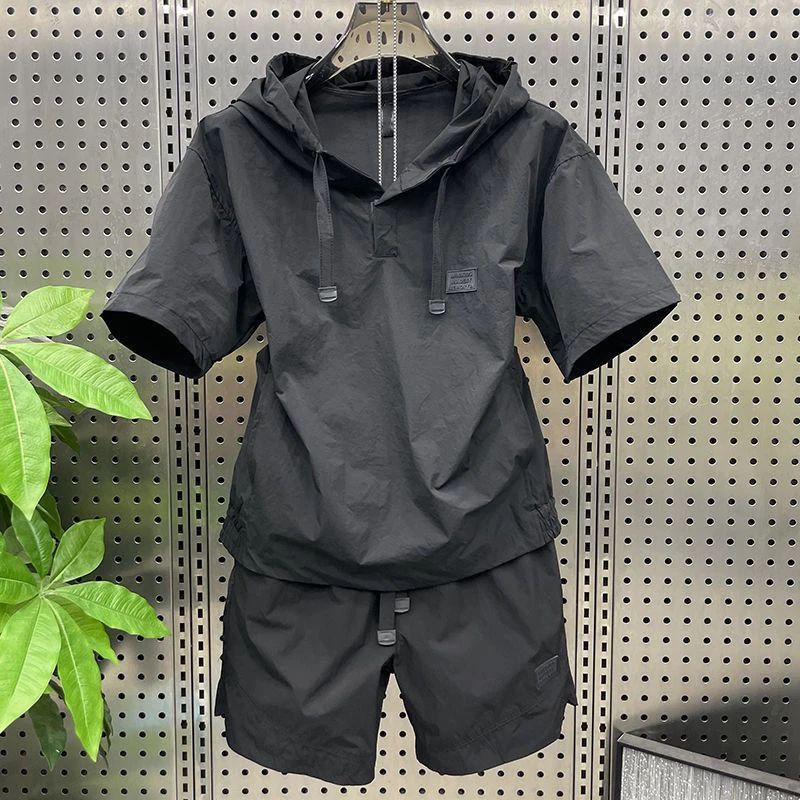 夏季新款连帽速干休闲运动套装男女款百搭潮牌宽松短袖短裤两件套