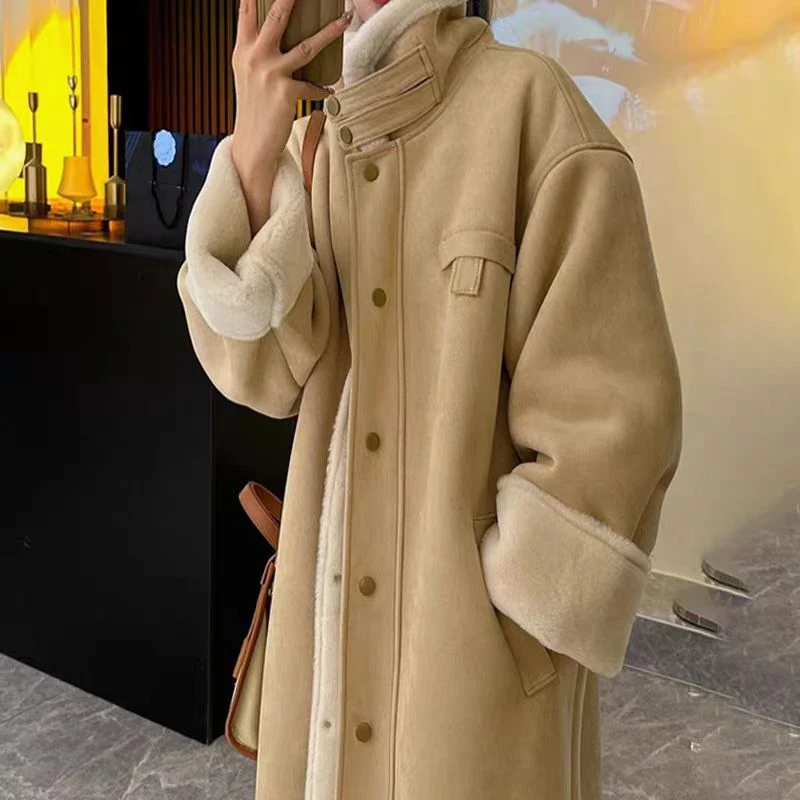 ZX9957外套女秋冬季新款加厚长款机车服仿皮草麂皮绒皮毛一体