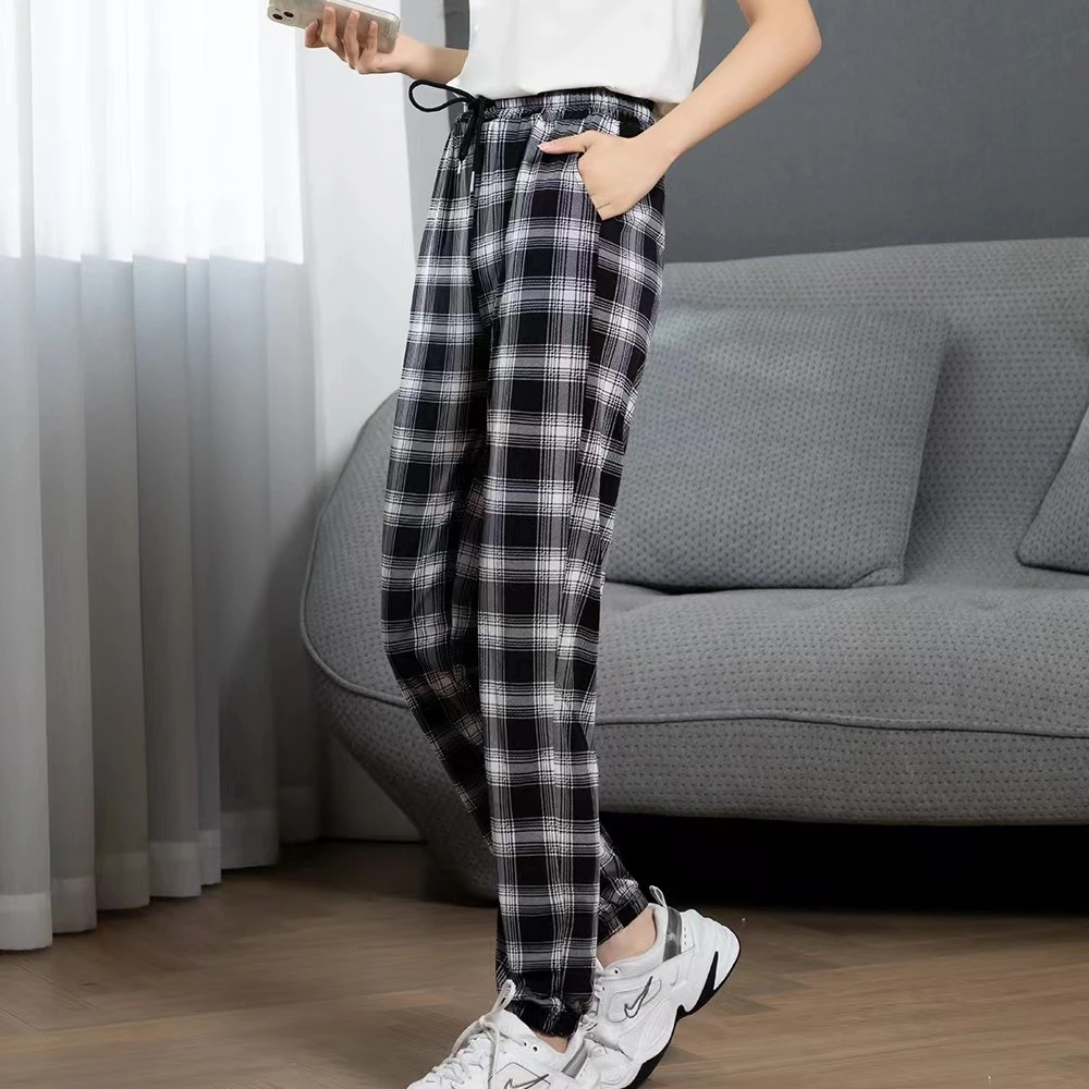 Z135女款冰丝棋盘格子裤松紧束脚款宽松哈伦九分裤休闲阔腿百搭