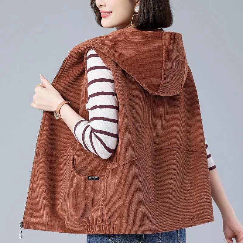 休闲百搭连帽灯芯绒短款马甲女2023春秋新款中年妈妈背心坎肩马夹