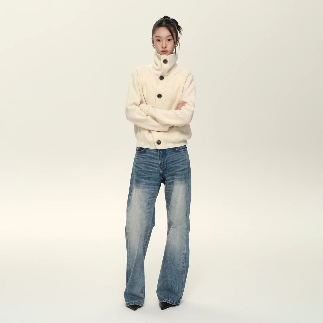 Set for life 24FW羊毛混纺纽扣开衫高领翻领浅坑条毛衣