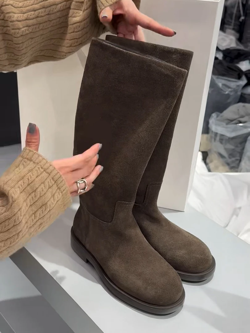 诗歌兰真皮女靴2024秋冬新款磨砂厚底粗跟骑士靴复古显瘦高筒靴