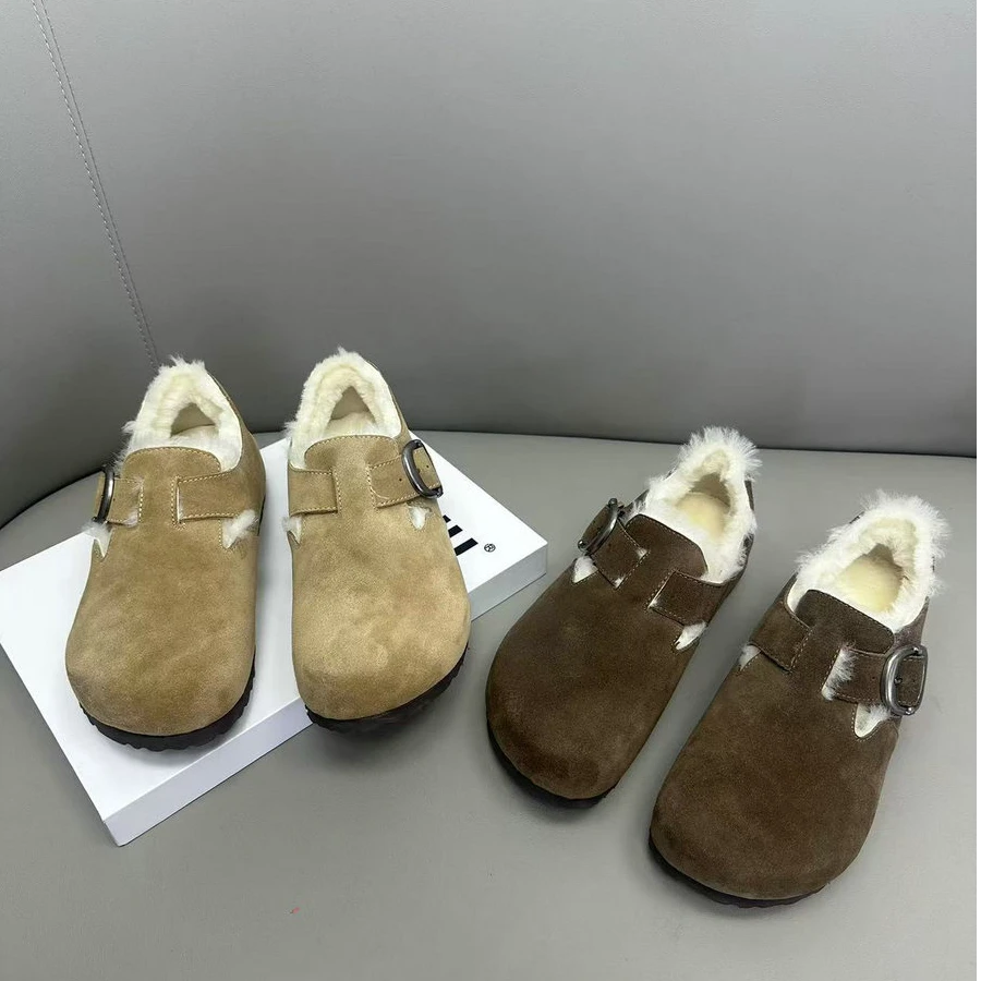 【欧货】女鞋2024冬季新款时尚平底舒适棉鞋加绒保暖皮毛一体勃肯鞋