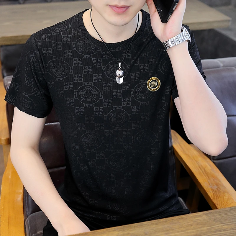 30-50岁青年短袖霸气冰丝T恤男士虎头夏季潮流大码上衣宽松休闲装