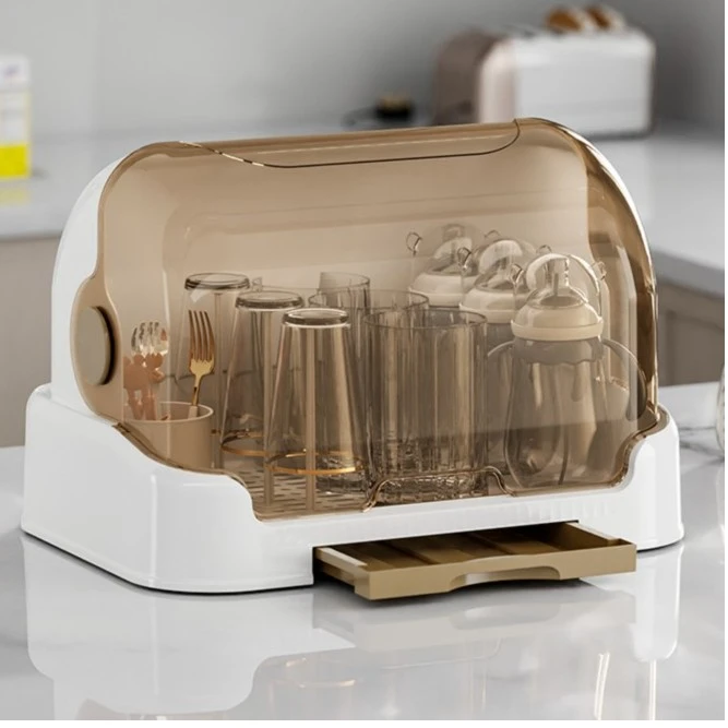 防尘玻璃茶杯架子置物架水杯加厚家用托盘抽屉式桌面沥水架收纳盒