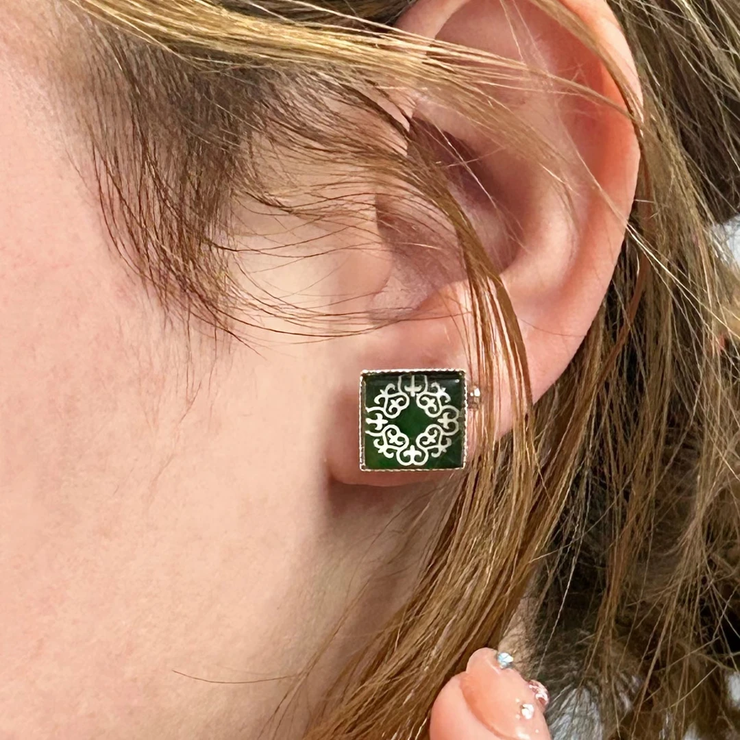 合金玻璃耳饰 哈萨克小方耳钉花纹耳环新款时尚小众耳饰民族风蒙