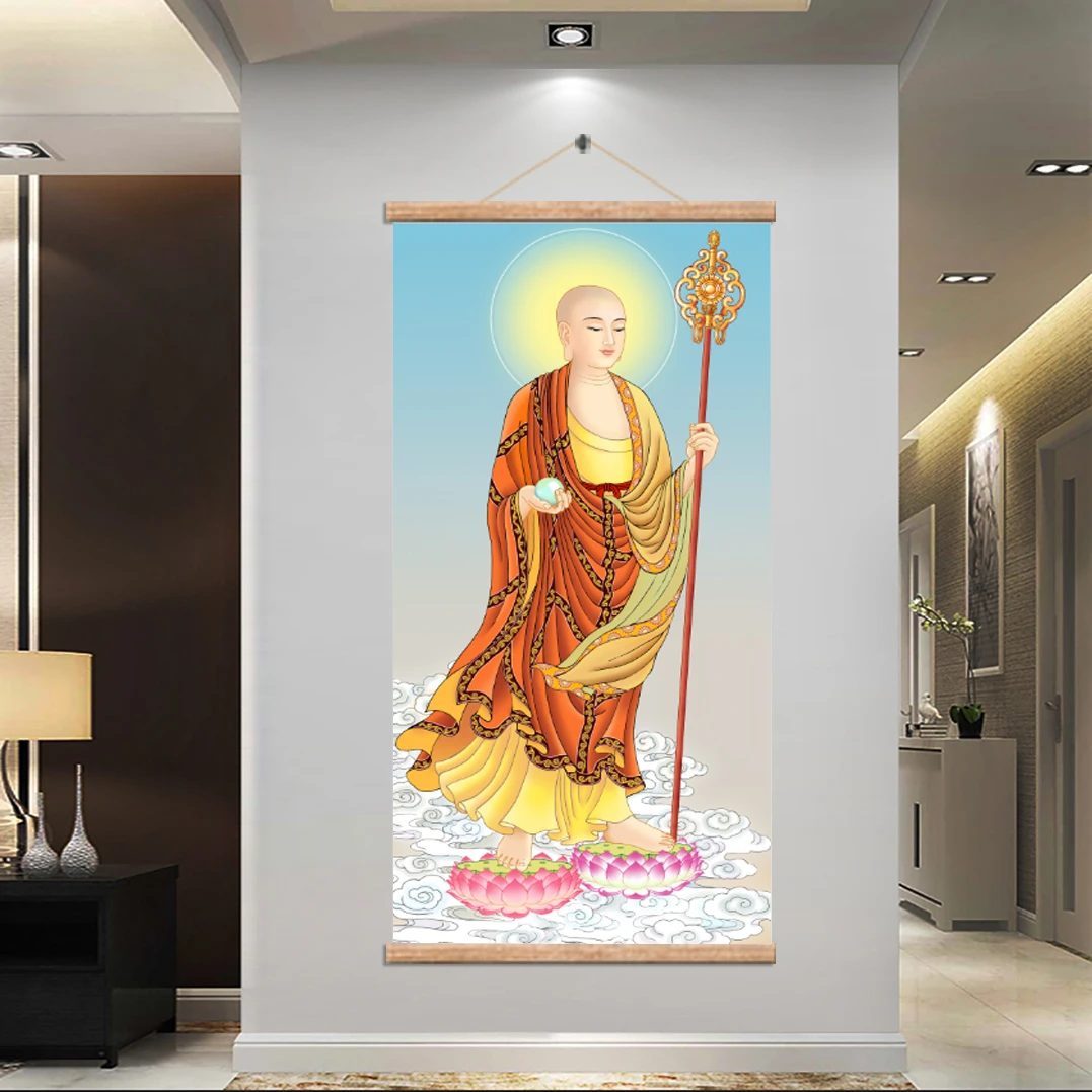 【59地藏王菩萨】挂画现代轻奢挂轴装饰画客厅办公室实木卷轴画