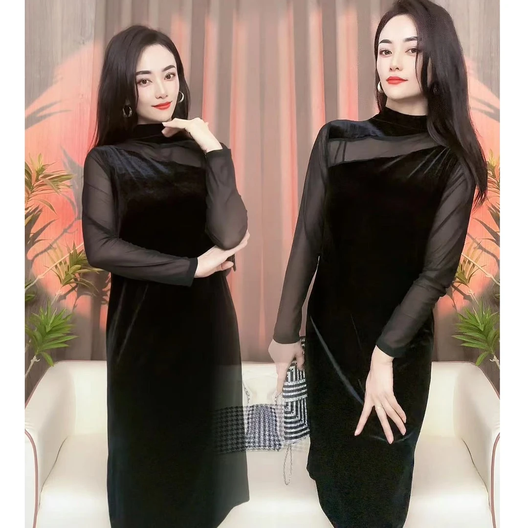 071秋冬女装高级感炸街连衣裙长袖修身显瘦长款收腰金丝绒小黑裙