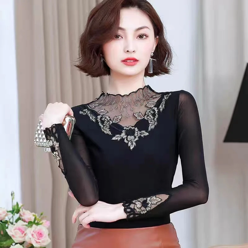066 蕾丝打底衫女小衫2024新款秋装洋气时尚镂空内搭网纱上衣长袖