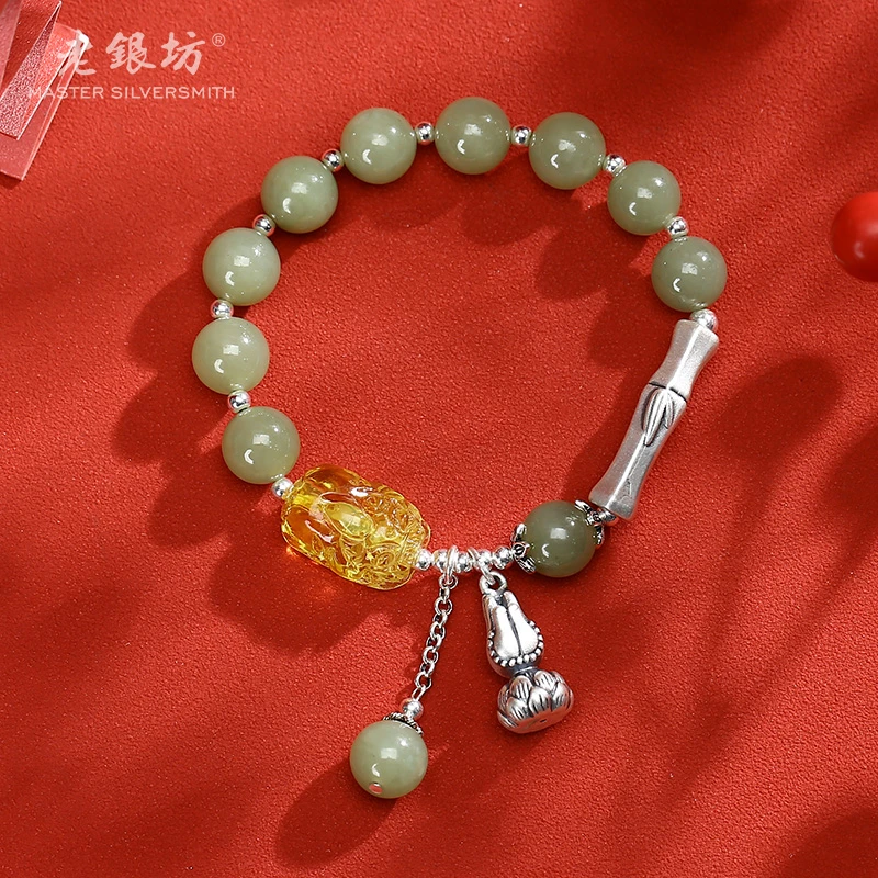 【老银坊】s925银和田玉竹节貔貅手串 0035681