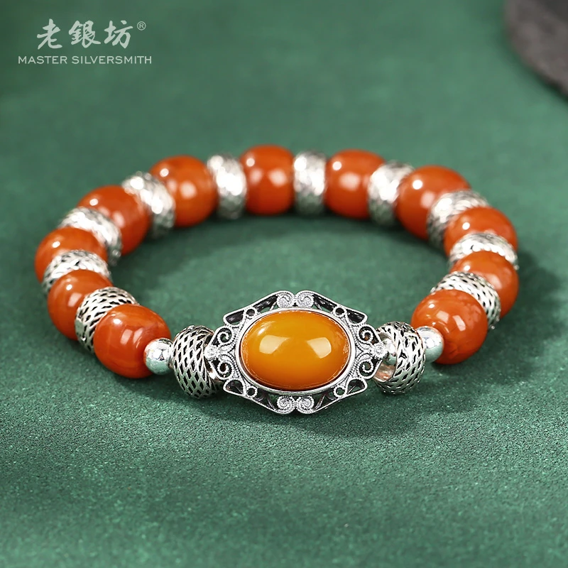 【老银坊】s925银老型蜜蜡花牌手串 00351552