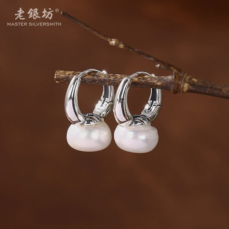 【老银坊】s925银面包珠珍珠耳扣 0015221