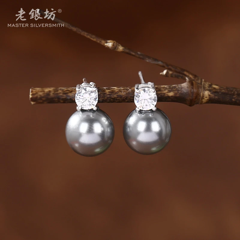 925银仿珍珠耳饰 【老银坊】s925银四爪单锆黑贝珠耳钉 0011617