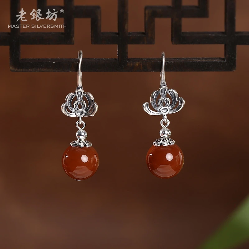 【老银坊】s925银玛瑙莲花耳坠 0014429